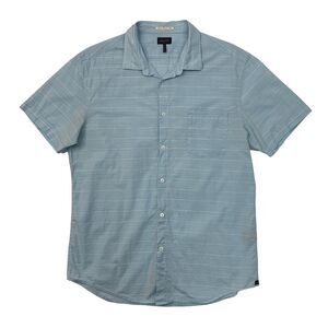 Good Man Brand Shirt Mens L Large Blue Striped Short Sleeve Cotton Linen Blend